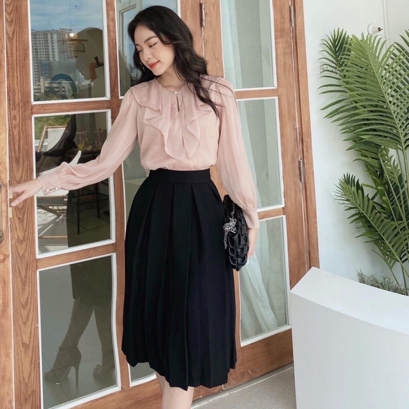Chân váy dài xếp ly lưng cao công sở đẹp dáng xòe chữ A màu đen – (CV01) | BigBuy360 - bigbuy360.vn