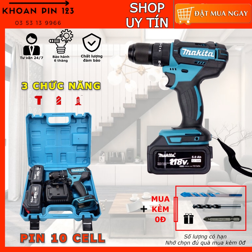 Máy khoan pin búa bắt vít đa năng Makita 13mm loại có chổi than pin khủng dùng gia đình MT55013mm (sạc đế)