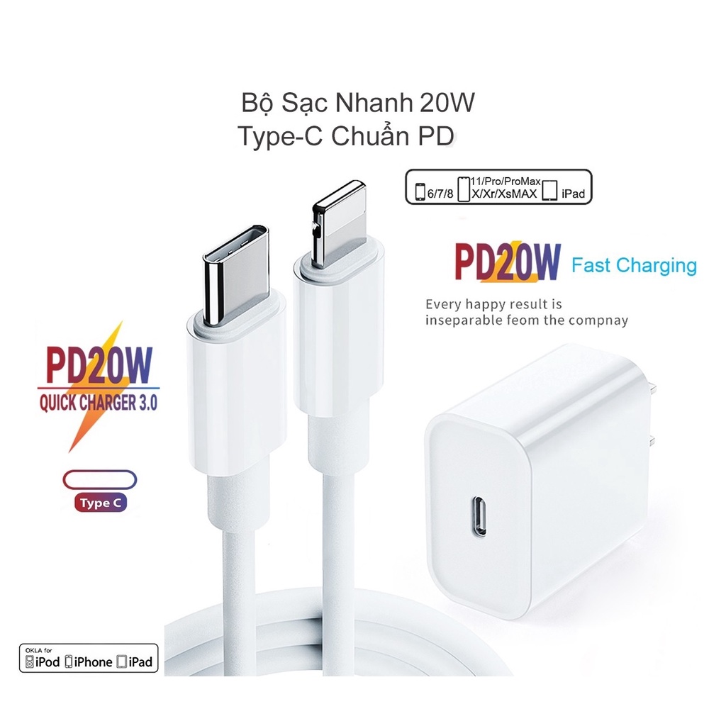Bộ sạc nhanh PD 20W cho IP, củ và dây không kết nối Type C sang Lightning cho IP 8 / x / xs / xr / xsmax / 11 / 11pro