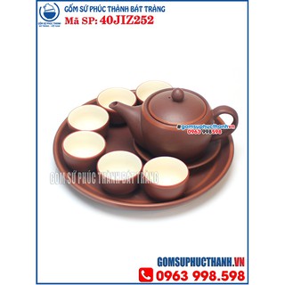 Bộ ấm chén Gốm Tử Sa miệng rộng khay liền lòng trắng
