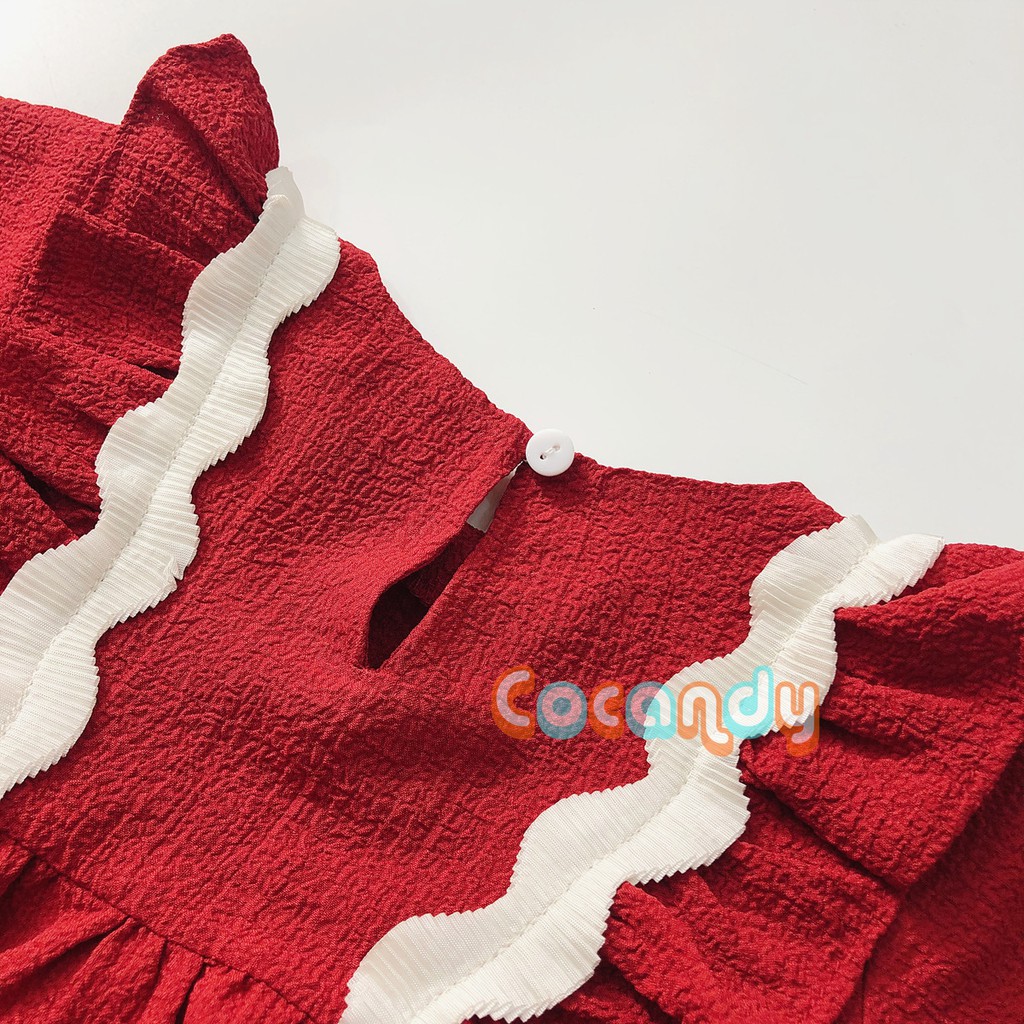 [Cocandy Official Store] Set váy babydoll cho bé kèm mũ chất liệu đũi màu đỏ