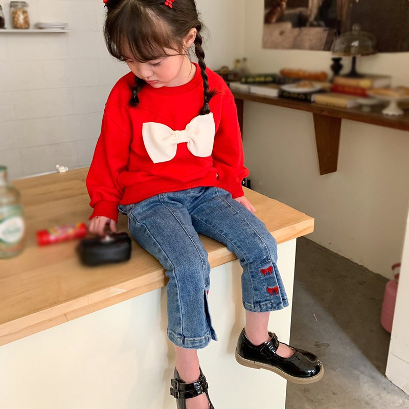 Quần Jeans Ống Loe Xẻ Tà Thắt Nơ Phong Cách Hàn Quốc Cho Bé Gái