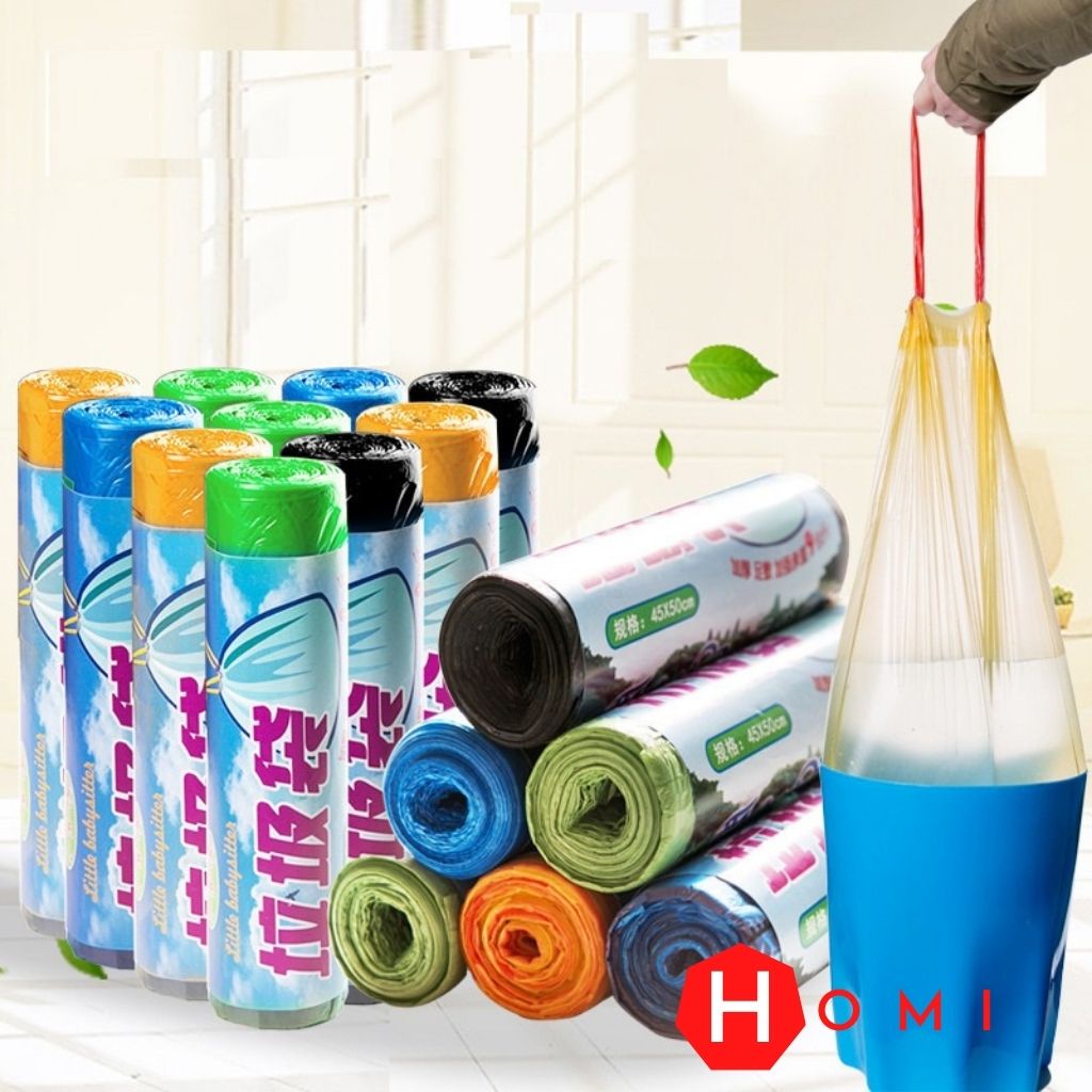 Túi Đựng Rác DÂY RÚT [COMBO 5 CUỘN], Bao rác tự phân huỷ SIÊU DAI 45x50 cm, sạch sẽ không dính tay - DHOMI Store