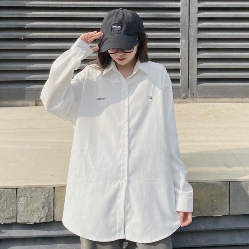 Áo sơ mi tay dài trơn trắng basic unisex vải nhung có size yoyo - Gin Store