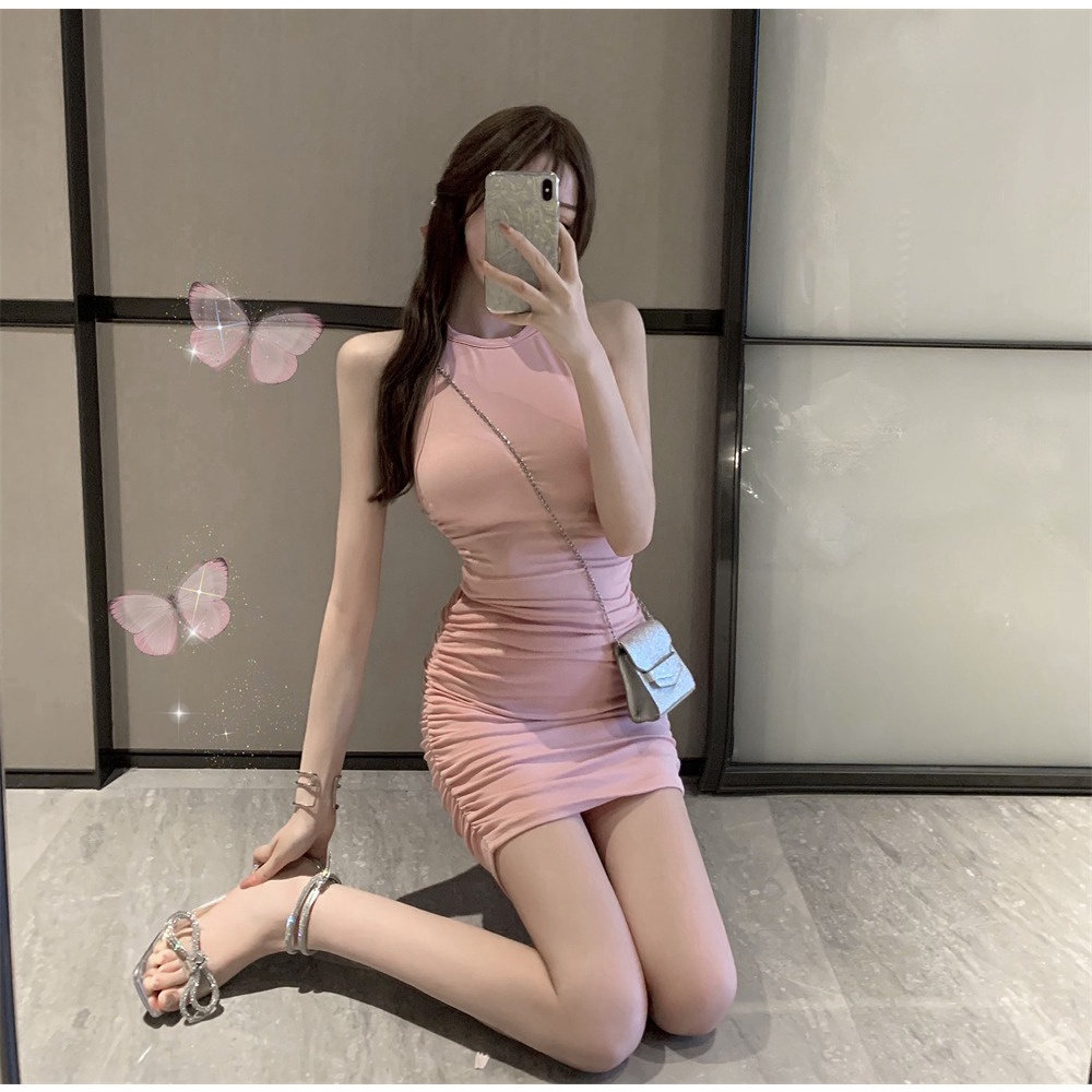 Đầm mini ZHELIHANGFEI sát nách cổ tròn xẻ tà dáng ôm thời trang gợi cảm