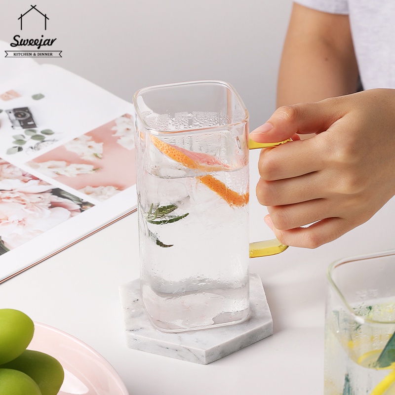 Cốc SWEEJAR thủy tinh borosilicate cao cấp thiết kế miệng vuông với tay cầm màu dung tích 370ml
