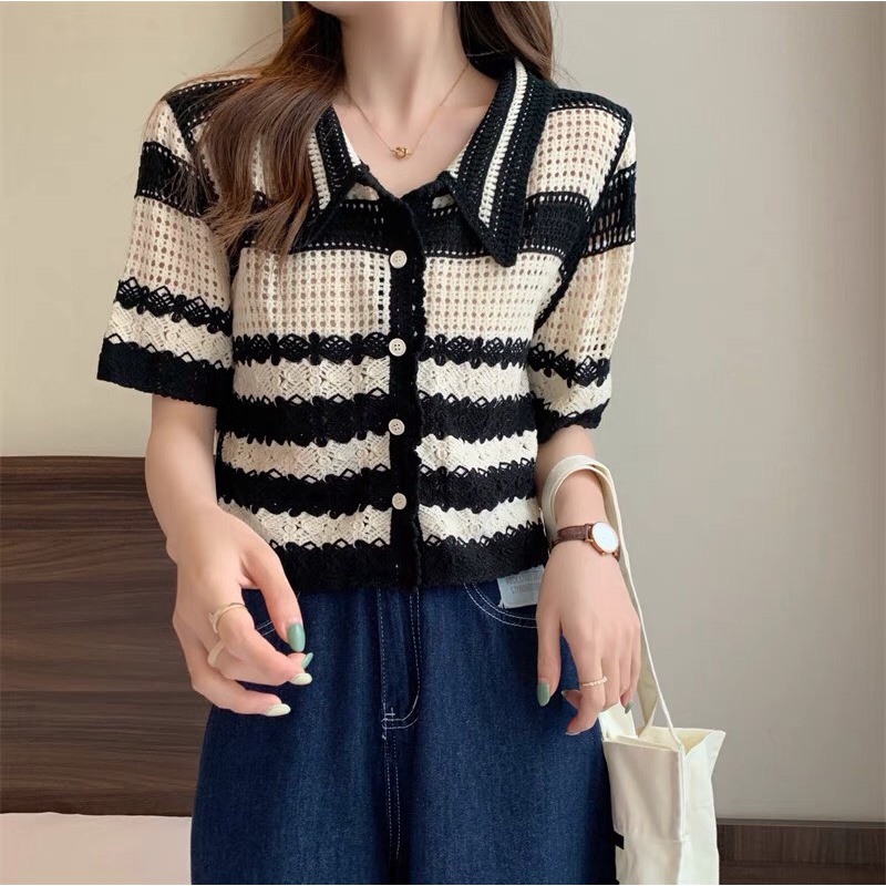Áo len lỗ cổ bẻ kẻ ngang phong cách ulzzang xinh xắn xắn