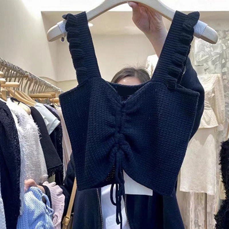 Áo Croptop Dệt Kim Sát Nách Cổ Chữ V Phối Bèo Thời Trang Quyến Rũ Cho Nữ