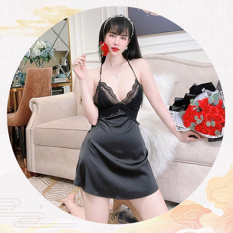 Váy ngủ lụa sexy ren ngực dây yếm sau hở lưng màu đen gợi cảm