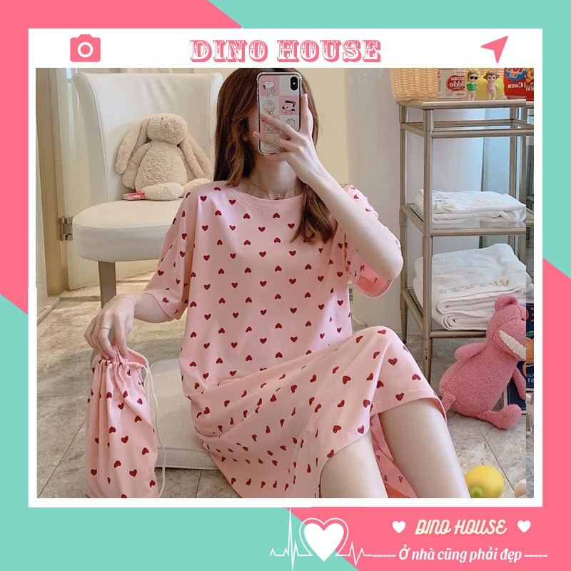 Váy ngủ cộc tay, đầm ngủ dáng suông chất cotton mềm mát họa tiết hoạt hình dễ thương VH201