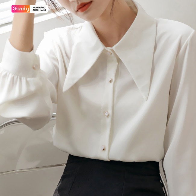 Áo sơ mi lụa ngọc trai GINDY cổ đức trắng dài tay dáng basic sang chảnh thời trang nữ công sở học sinh sinh viên A10111