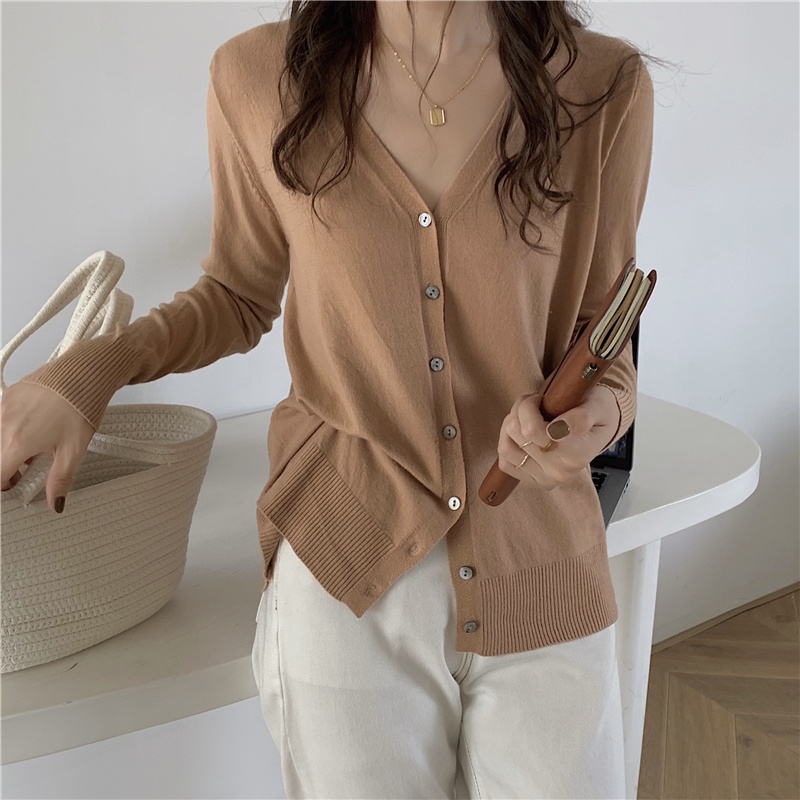 SUXI Áo Cardigan Dệt Kim Tay Dài Dáng Rộng Cổ Chữ V Màu Sắc Đơn Giản Thời Trang Mùa Thu Cho Nữ