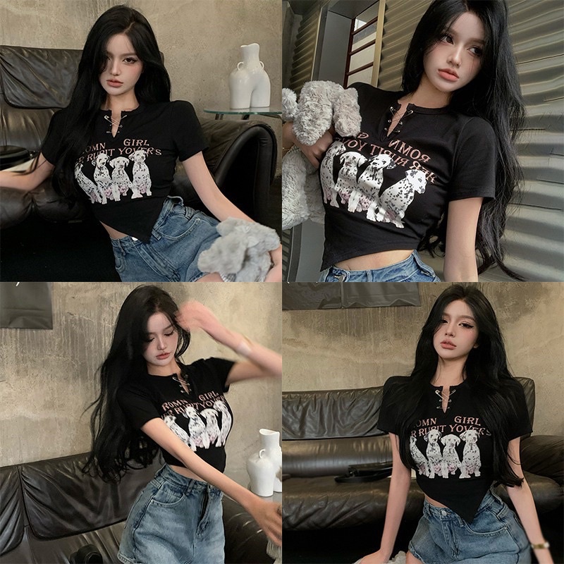 [CÓ GHIM CÀI] Áo CropTop Tà Chéo In Hình Chú Chó