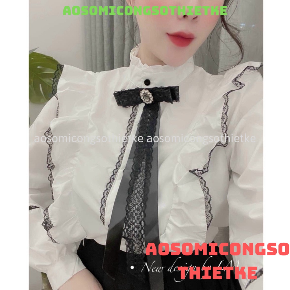 áo sơ mi tay bồng cổ nơ viền bèo kaca shop aosomicongsothietke