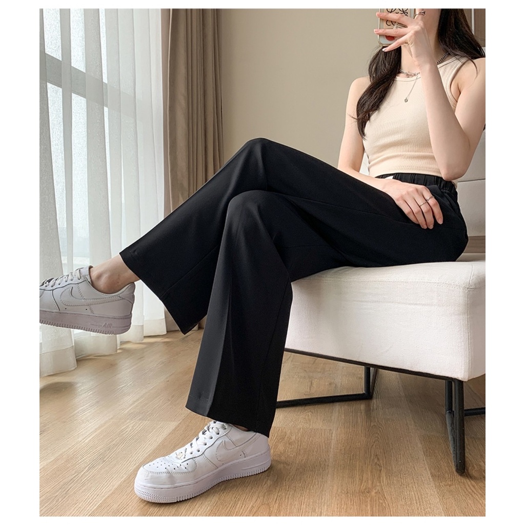 Quần tây ống rộng nữ lưng cao cạp thun chun dây rút dáng xuông dài thể thao vải nâu đen Quần ống rộng nữ đi học công sở