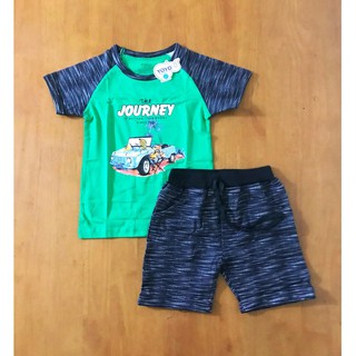 Bộ YoYo cho bé trai - Tay ngắn ralang Journey - áo xanh lá cây quần sọc chìm màu xám đậm