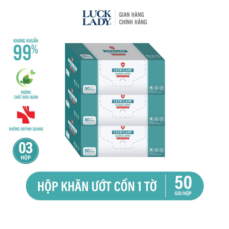 Khăn ướt cồn kháng khuẩn Luck Lady 50 gói 1 tờ/hộp - Combo 3 hộp