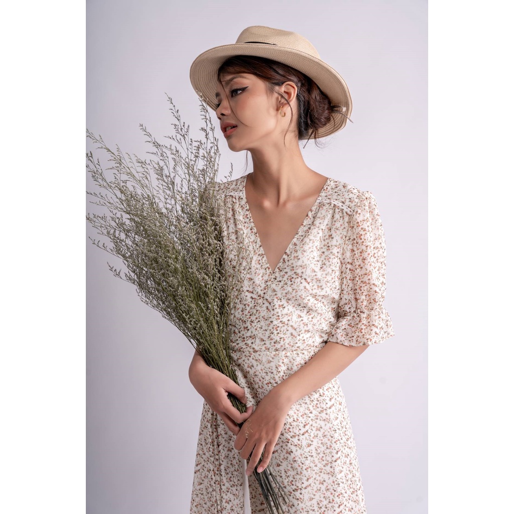 OLALASTUDIO Đầm voan cổ V hoa liti - Dai Wrap Dress