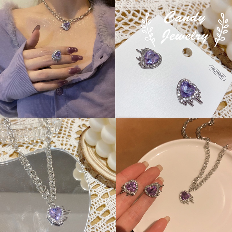 Bộ trang sức MANYUE gồm khuyên tai và vòng cổ hình trái tim màu tím đính đá phong cách Hàn Quốc (có bán lẻ)