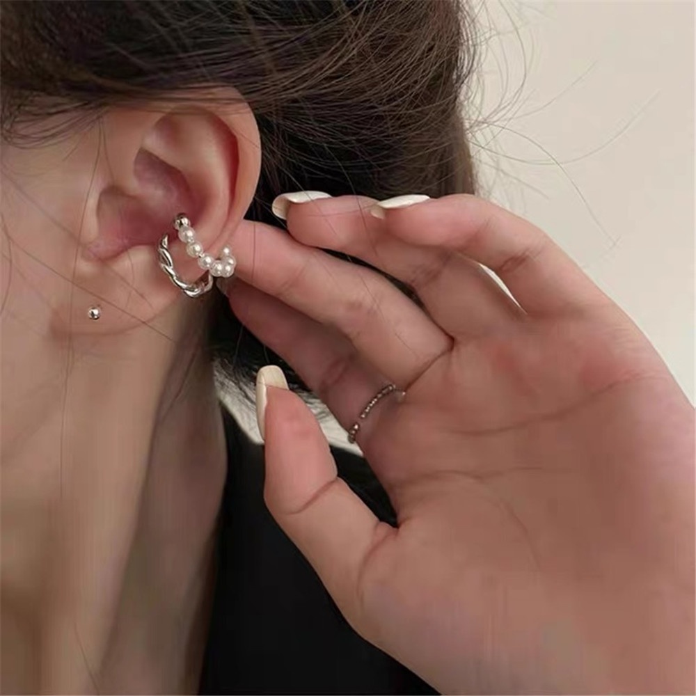 【COD】1 Khuyên Kẹp Vành Tai Hai Lớp Đính Ngọc Trai Đơn Giản Thời Trang