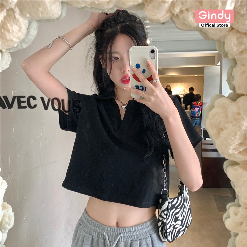Áo phông nữ croptop GINDY cổ bẻ polo tay lỡ form rộng chất cotton thoáng mát A7001