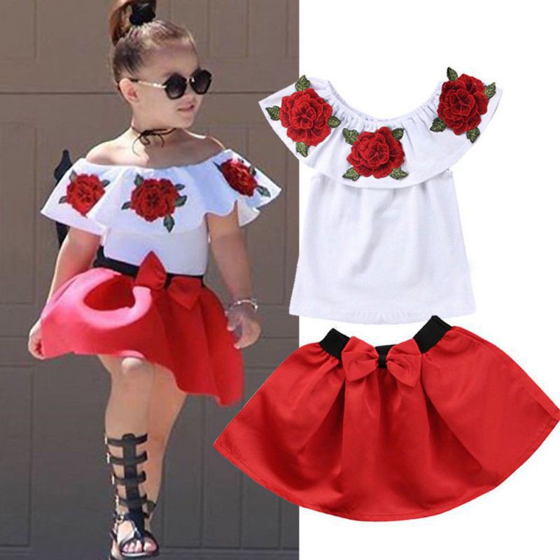 Bộ áo trễ vai in hoa + Chân váy ngắn cho bé gái