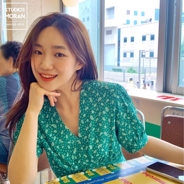 Váy moran hoa nhí xanh dáng dài ngắn tay