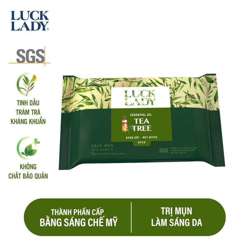 Khăn giấy ướt ngừa mụn, mềm mịn làn da Luck Lady Tea Tree 10 tờ