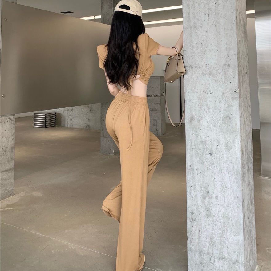 Set đồ COZOKC gồm áo thun ngắn tay phối quần ống rộng lưng cao thời trang dành cho nữ