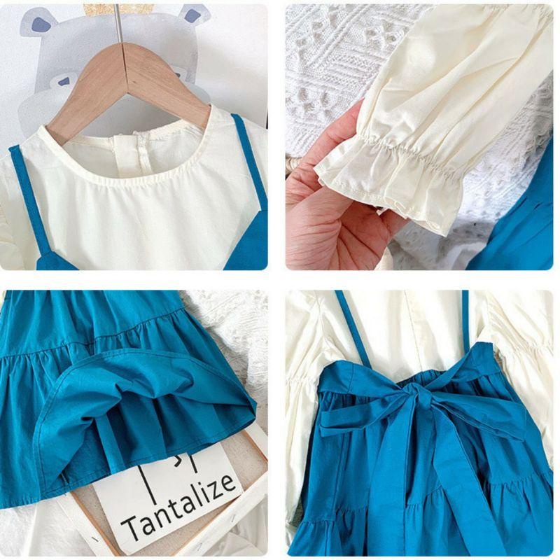 Váy Yếm Thắt Nơ Dài Tay Bồng Sang Chảnh Xinh Đẹp Cho Bé Gái 8-25kg