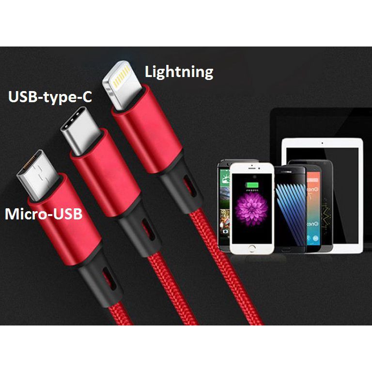 CÁP XỊN Cáp sạc 3 trong 1 Lightning, Type-C, Micro-USB.  Hỗ trợ sạc nhanh, Sạc cùng lúc 3 thiết bị