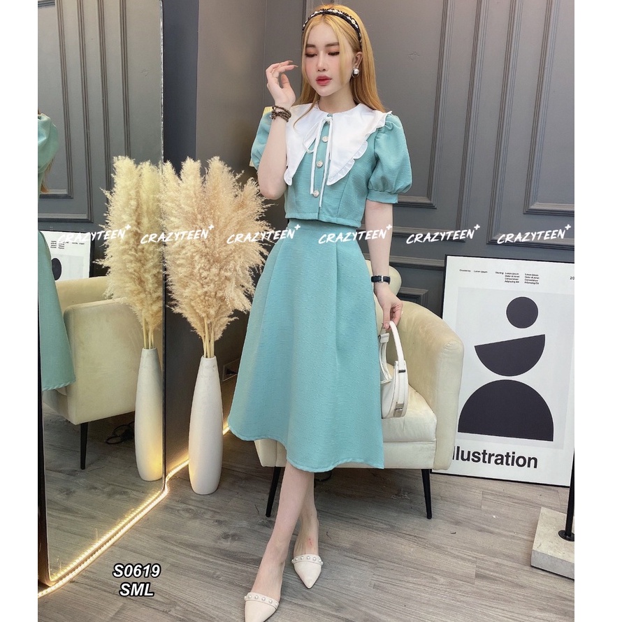 LILAC- Set váy xanh phối cổ trắng Crazyteen NEW TAG
