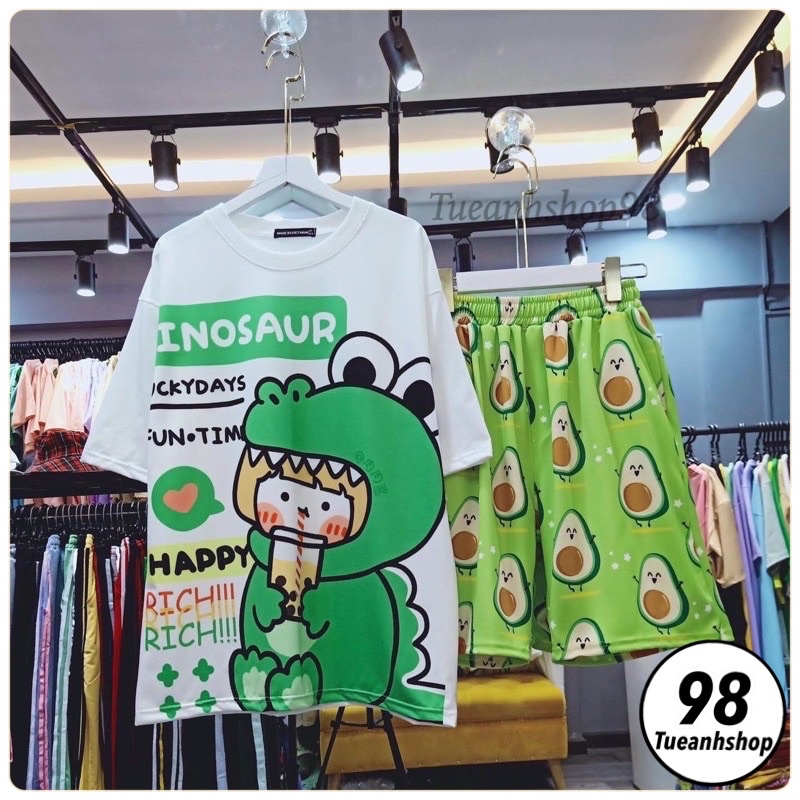 Đồ Bộ Hoạt Hình Set Cartoon Đùi KHỦNG LONG TRÀ SỮA mặc nhà from rộng Unisex Freesize 38-70kg Nam nữ