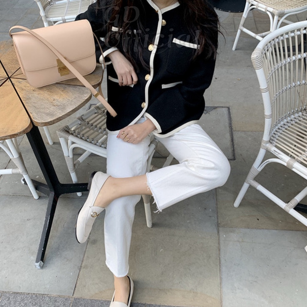 K10|Áo khoác cổ tròn retro có túi nữ dài tay chất tweed màu trắng, đen gd_order