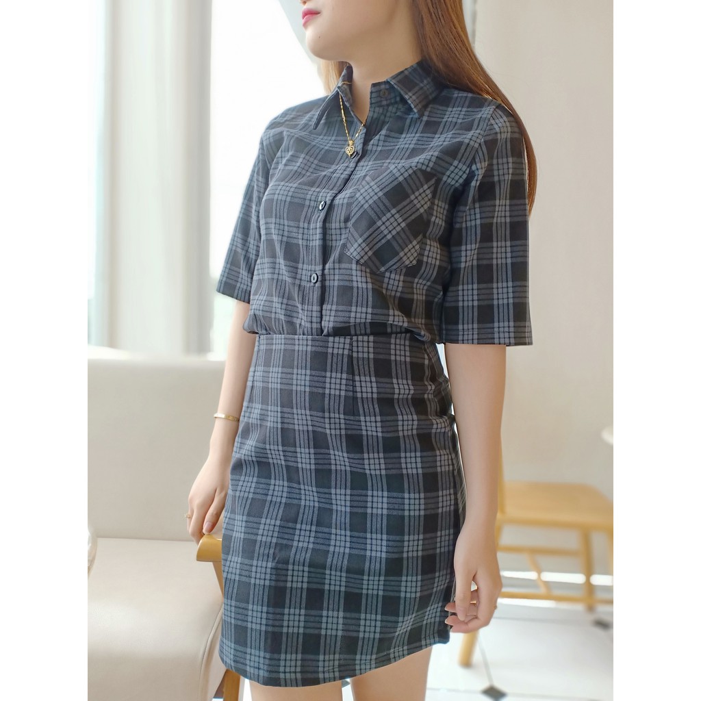 Set áo váy sơ mi caro nữ tính phong cách