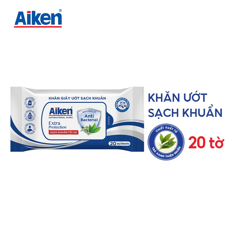 [QUÀ TẶNG] Combo 3 khăn ướt sạch khuẩn Aiken chiết xuất trà xanh 20 tờ / gói