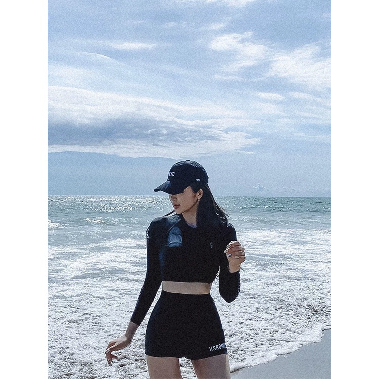 Bikini, Bộ Đồ bơi nữ áo tắm hai mảnh dài tay R cá tính chất thun lạnh hàn quốc quần đùi cạp cao che bụng kín đáo
