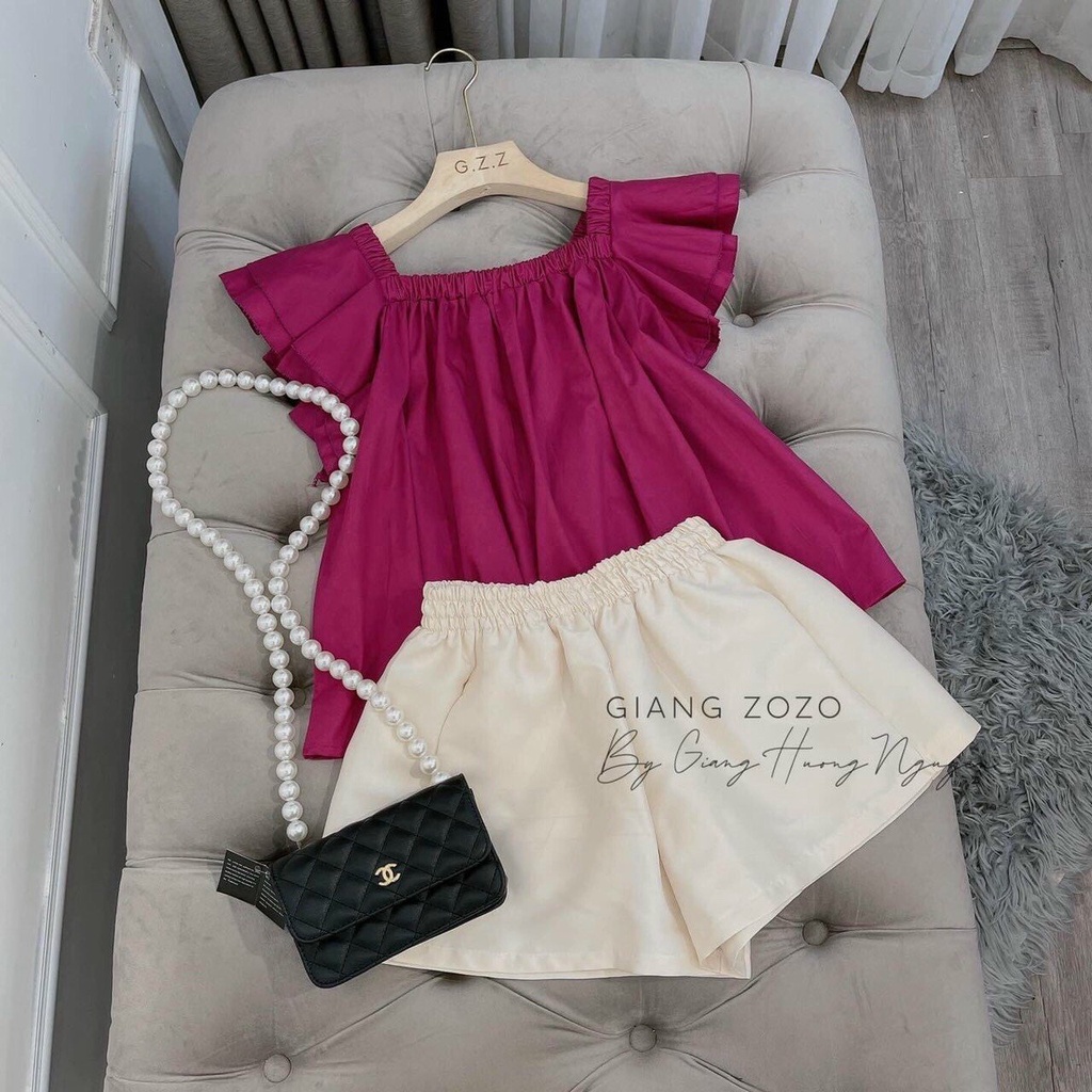 Sét bộ cộc áo cổ bo chun mặc được 2 kiểu bình thường hoặc hở vai vải mát 3 màu xanh hồng và nâu