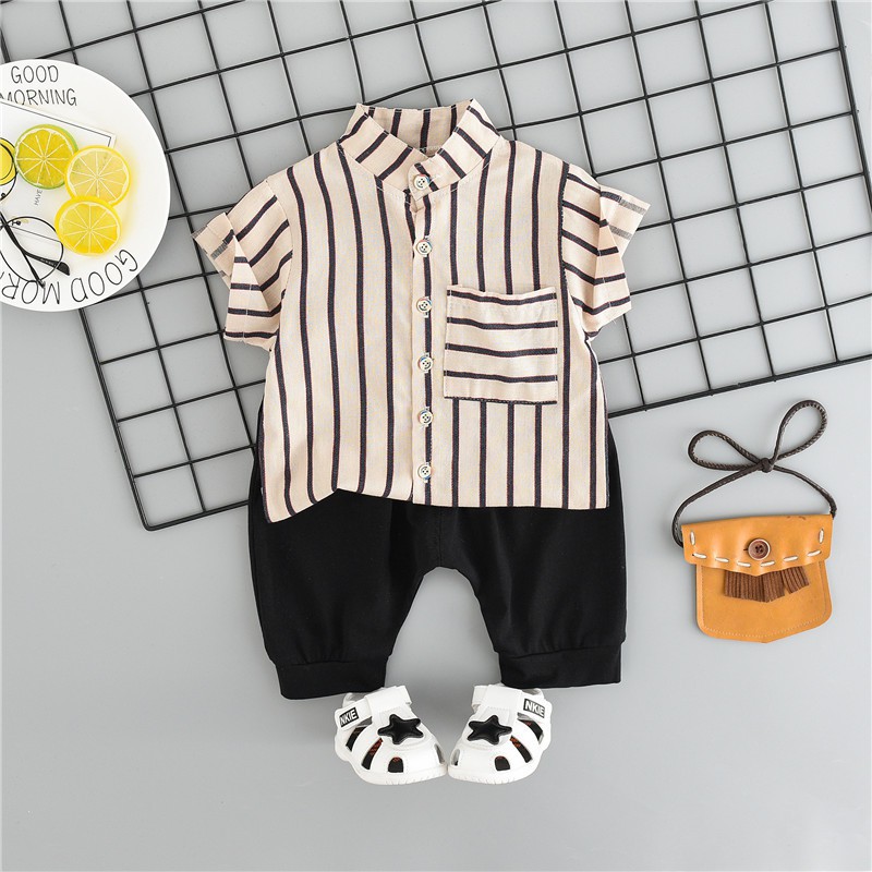 Set áo sơ mi ngắn tay họa tiết sọc và quần short cho bé trai