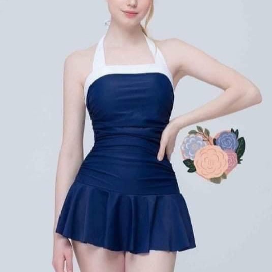 Bikini đi biển liền váy xòe màu xanh than, bộ bơi cho nữ viền trắng kín đáo Bikini191