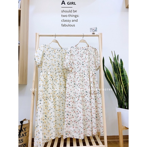 Váy Babydoll Hoa Nhí Vintage 2 Lớp Dáng Dài