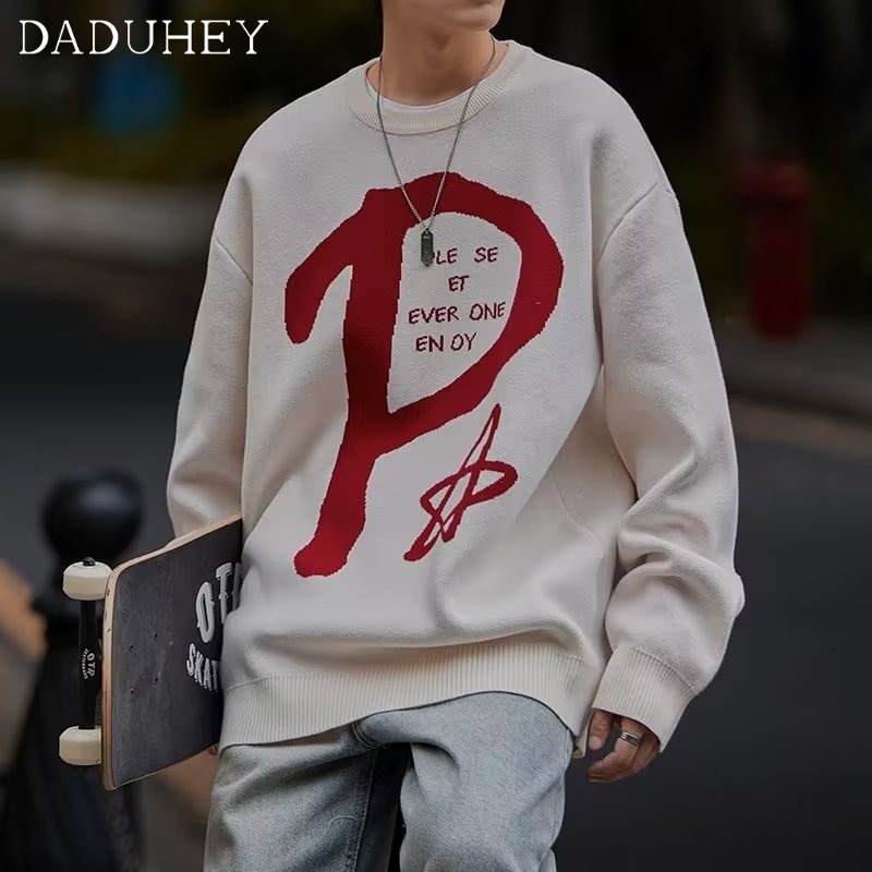 DaDuHey Men's Thin Loose-Fitting Non-Hoodie Pullover Sweater Round Neck Autumn All-Matching Hoodie Casual Top