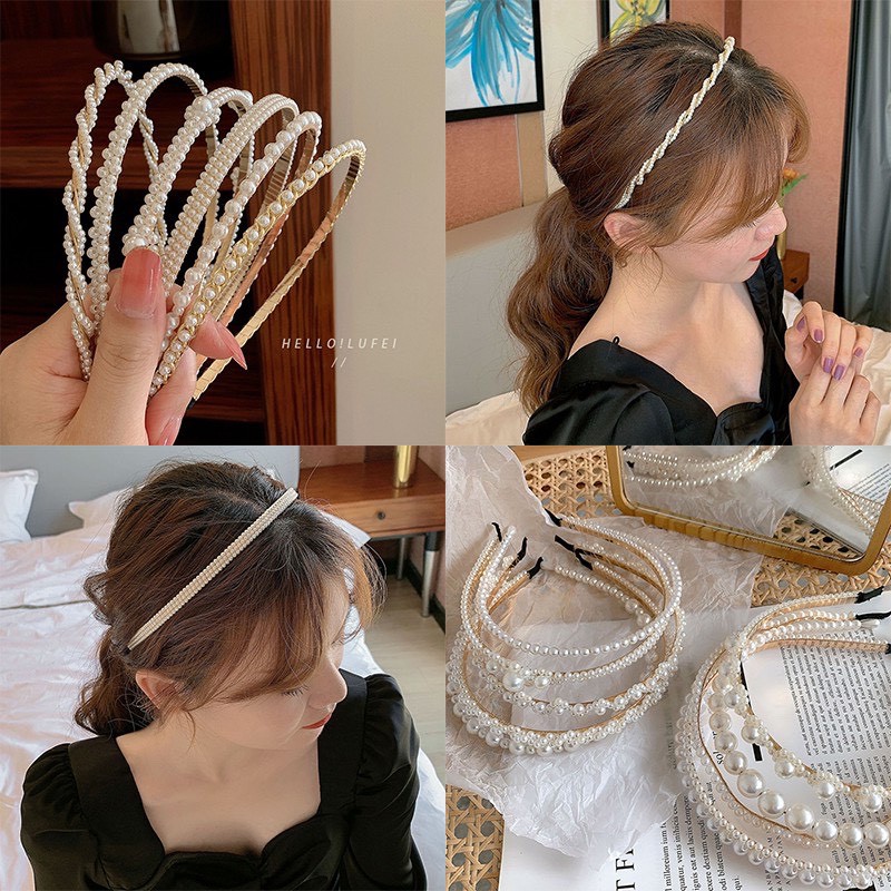 Băng đô đính ngọc trai, cài tóc vintage phong cách Hàn Quốc