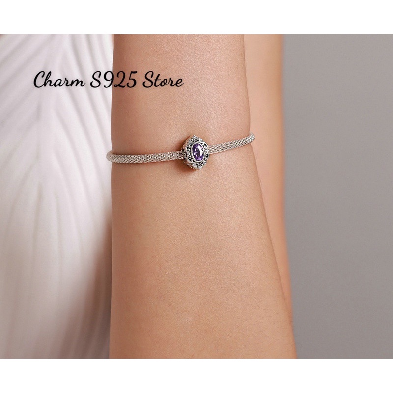 CHARM HOẠ TIẾT HÌNH THOI ĐÍNH ĐÁ TÍM BẠC S925 CAO CẤP HÀNG CHÍNH HÃNG