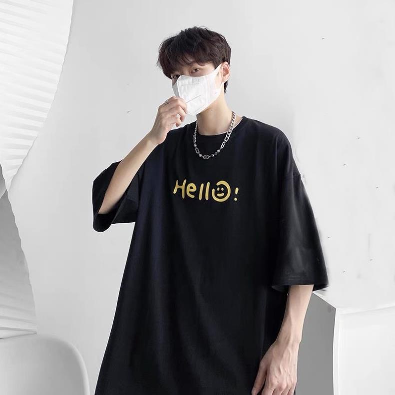 Áo thun nam nữ form rộng tay lỡ unisex, Áo phông nam nữ oversize in chữ HELLO hai màu đen trắng