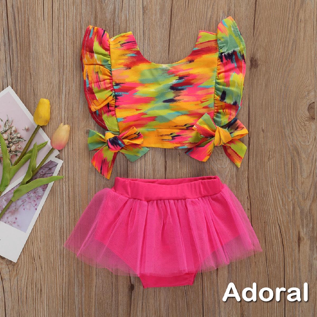 Bộ Áo Croptop Tay Bèo Đính Nơ + Quần Short Vải Lưới Nhiều Màu Thời Trang Mùa Hè Cho Bé Gái 0-12 Tháng Tuổi