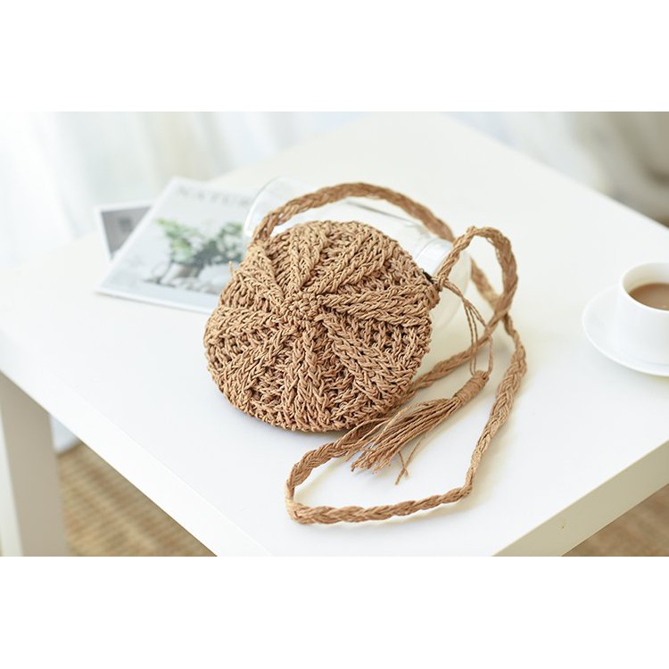 [NowShip - Giao Ngay] Túi Cói Boho Vintage Đeo Vai, Đeo Chéo Hình Tròn Dây Da Màu Nâu Be Trơn