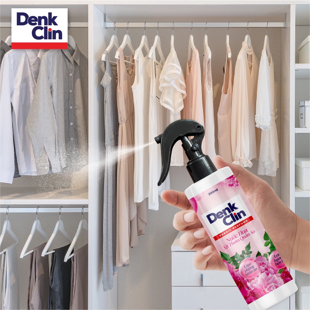 Xịt thơm quần áo xả vải khô Denkclin 200ml lưu hương lâu làm mềm vải không gây kích ứng da