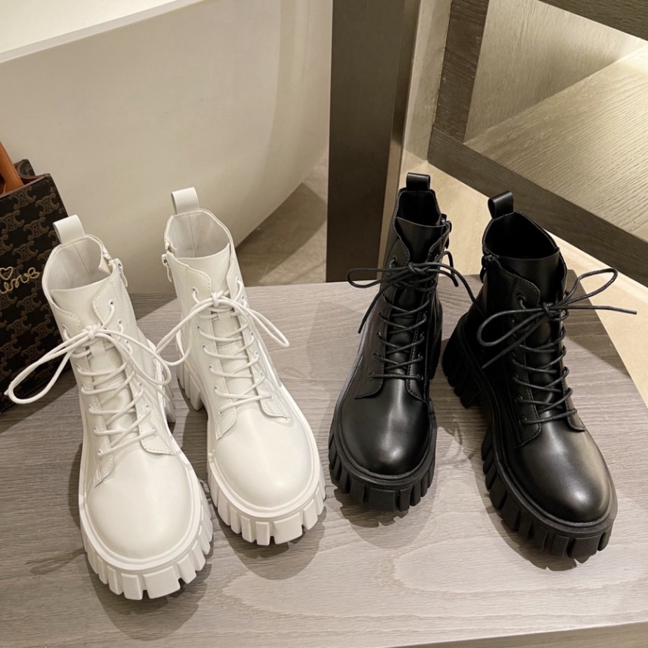 Giày bốt da cổ cao đế dày mũi tròn, Giầy boot Martin cao gót ulzzang Hàn Quốc thời trang dành cho nữ, khóa kéo Box