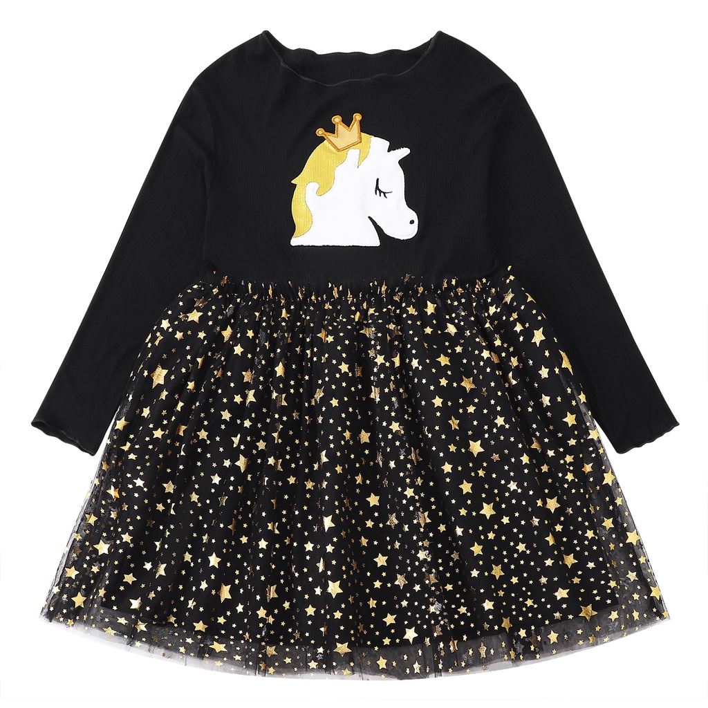 Đầm Công Chúa Tay Dài Phối Lưới In Họa Tiết Ngựa Pony / Vương Miện Xinh Xắn Thời Trang Mùa Thu Cho Bé Gái